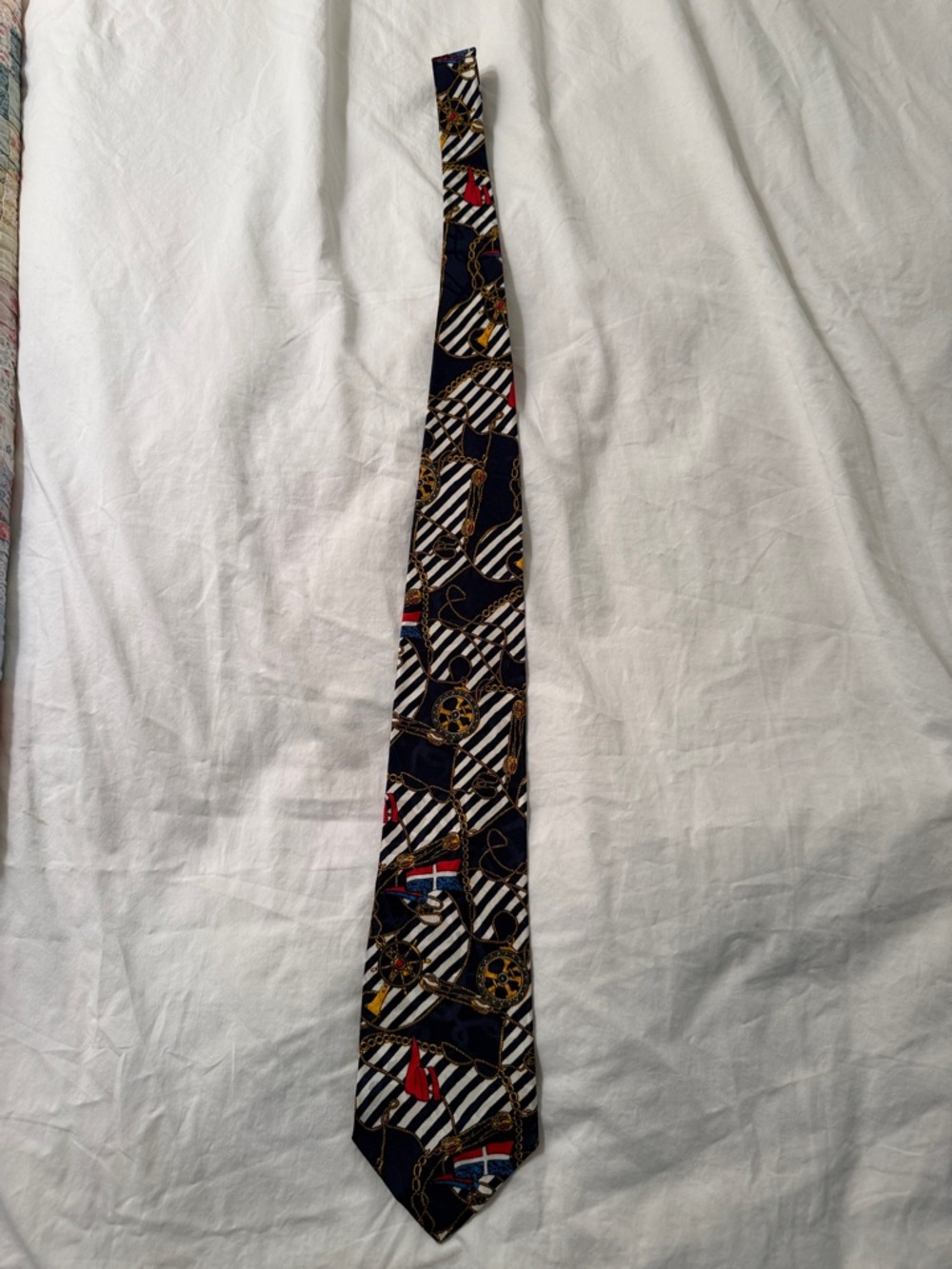 Navy Nautical Pattern Men’s Tie - Blue, Black, White, Gold Accents